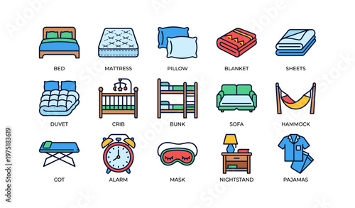 Bedroom essentials icons: bed, mattress, pillow, blanket, sheets, sofa, pajamas