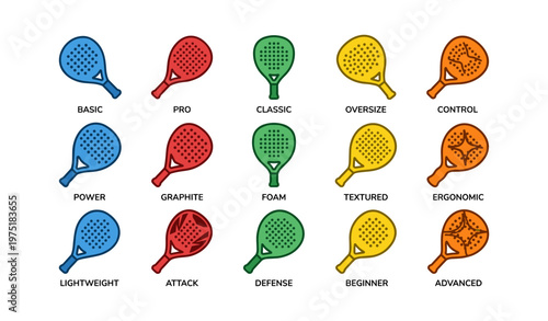 Diverse selection of padel rackets in various colors and styles