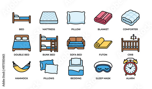 Collection of various bed and sleep accessories icons