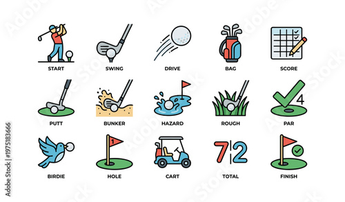 Illustrated golf icons set featuring equipment, scoring, and actions
