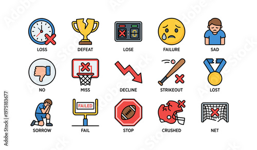 Set of sports and emotions icons illustrating loss and failure