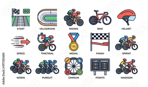 Cycling icons set featuring velodrome, speed, and racing elements
