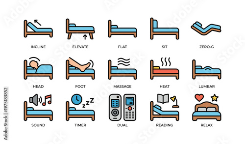 Adjustable bed icons: incline, elevate, massage, heat, relax features