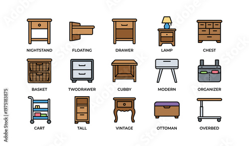Variety of furniture icons: nightstand, lamp, chest, basket, ottoman, overbed table, vintage styles