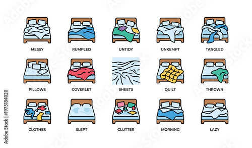 Collection of different bed arrangements depicting messy and tidy styles
