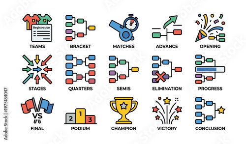 Tournament process icons: teams, bracket, matches, stages, champion, victory