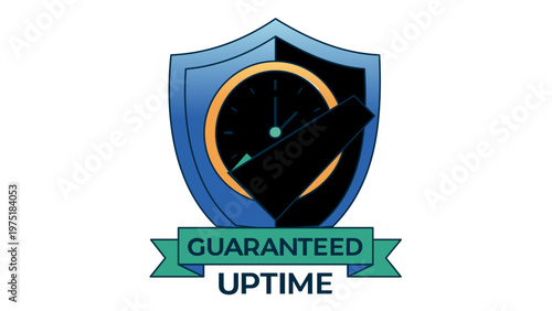 Professional vector illustration of a blue shield emblem with a clock and checkmark, featuring a green ribbon labeled GUARANTEED. Perfect for customer service, uptime, and reliability icons.