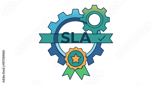 SLA Service Level Agreement vector icon illustration featuring gears and a quality medal, representing customer retention, business performance standards, and service excellence guarantee.