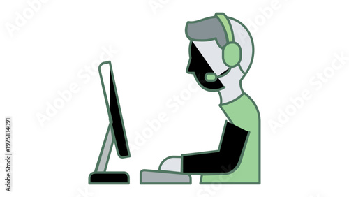 Minimalist vector illustration of a customer service representative wearing a headset and working at a computer monitor. Flat design icon for tech support, call center, help desk, and FAQ services.