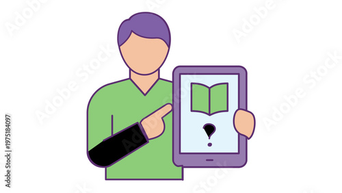 AI-generated vector icon illustration of a man holding a digital tablet displaying an open book and question mark, symbolizing online education, customer support, FAQ, and help desk services.