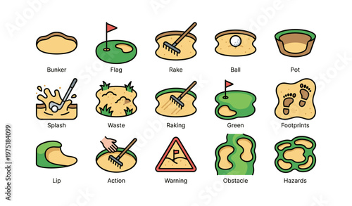 Golf course elements: icons of bunker, flag, rake, ball, and obstacle hazards