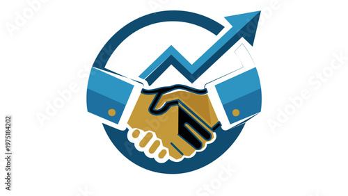 Professional business handshake vector icon and illustration featuring a rising growth arrow, symbolizing successful partnership, customer service quality, agreement, and corporate collaboration.