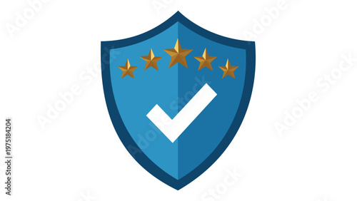 Vector illustration of a blue shield icon featuring a white checkmark and five gold stars, representing premium quality service, security, trust, and customer satisfaction in a flat design.