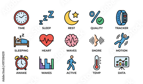 Sleep and activity tracker icons: time, sleep, heart, motion, data analysis