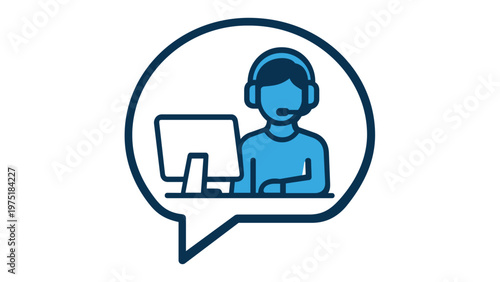 Blue vector icon illustration of a professional customer service representative wearing a headset and working at a computer desk inside a speech bubble, representing online support and help.