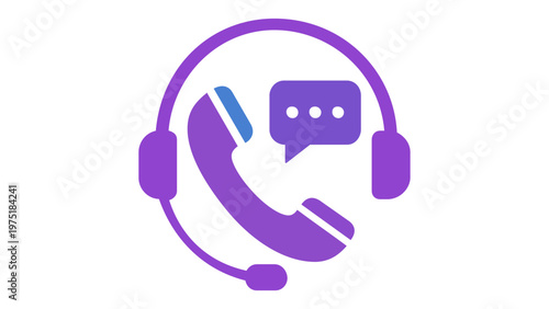 Professional customer service support vector icon illustration featuring a headset, telephone handset, and chat bubble in a vibrant blue and purple gradient for help desk and call center themes.
