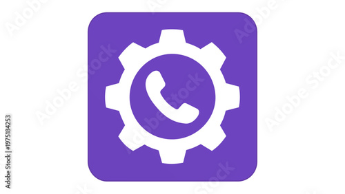 Flat vector illustration of a purple customer support icon featuring a white gear and telephone handset symbol, ideal for technical assistance, help desk services, and communication settings.