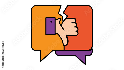 Vector illustration of a broken speech bubble with a thumbs-down icon, representing negative customer feedback, bad communication, technical support failure, or social media dislike and complaint.