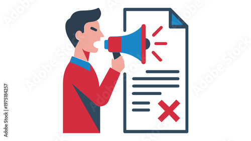 Flat vector illustration of an angry man shouting into a megaphone at a document with a red cross mark, representing customer complaint, technical support issue, protest, or rejected claim.