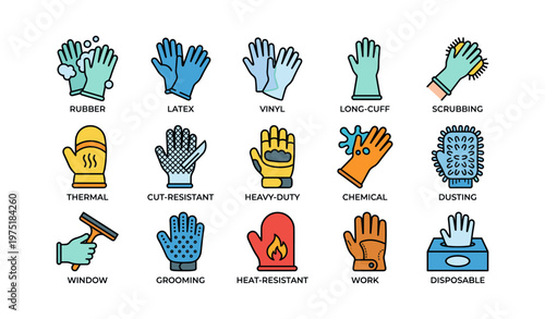 Colorful glove types: rubber, latex, vinyl, and more for various uses