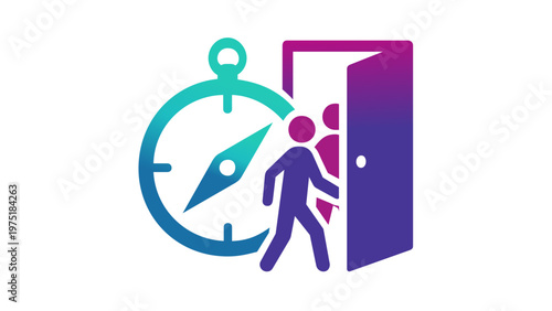 Professional troubleshooting vector icon illustration featuring a compass and people entering a door, symbolizing customer service guidance, navigation, problem-solving, and support solutions.