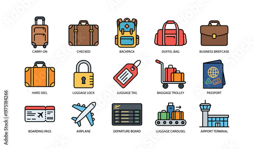 Travel icons: suitcases, backpacks, passports, and airplanes