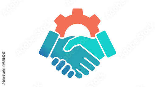 Colorful gradient vector icon illustration of a handshake with a gear cogwheel, symbolizing technical support, business partnership, troubleshooting, and customer service collaboration.