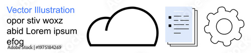 Cloud data storage, digital sharing, network integration, IT solutions, process automation, app development. Cloud, document and gear icons. Cloud data storage and digital sharing visuals