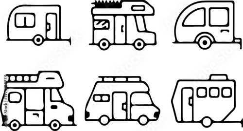Professional Black and White Recreational Vehicle Vector Assets Including Teardrop Trailers, Classic Campers, and Modern Motorhomes for Adventure Branding.