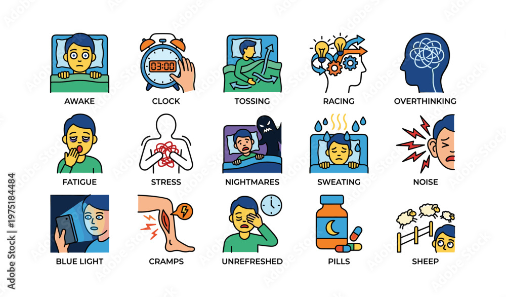 Fototapeta premium Illustrated concepts of sleep disruptions and remedies in colorful icons