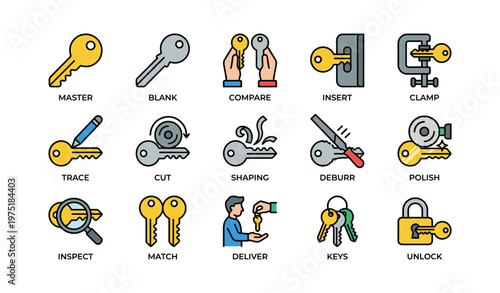 Colorful illustrations of key cutting and locksmith tools with diverse actions