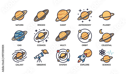 Icon set featuring planets and space elements for astronomy enthusiasts