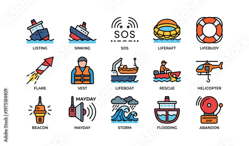 Maritime safety icons: rescue, emergency, lifeboat, helicopter, storm preparedness