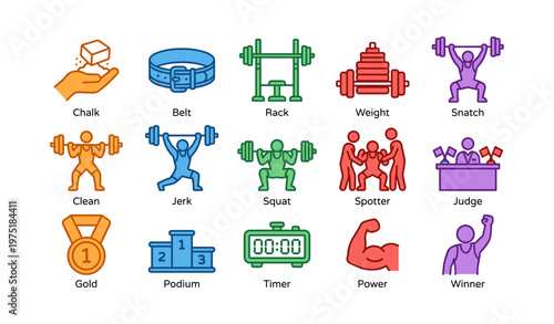 Weightlifting icons: equipment, techniques, and competition symbols