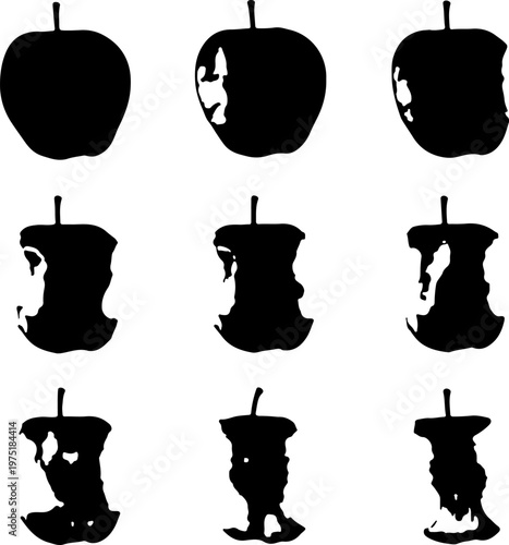 Sequential Image of Apple Gradually Eaten Showing Consumption Process for Diet, Health, Food Waste and Lifestyle Illustration