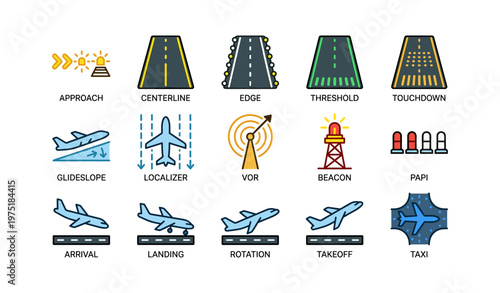 Aviation icons: approach, landing, takeoff, navigation, runway symbols