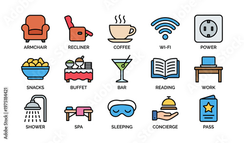 Icons representing hotel amenities including armchair, coffee, wi-fi, snacks, and spa