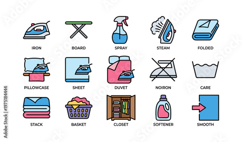 Household laundry icons featuring iron, spray, duvet, basket, and closet