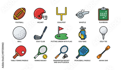 Sports equipment icons featuring football, golf, tennis, and more