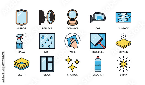 Cleaning and maintenance icons: mirror, compact, car, spray, wipe, squeegee, cloth