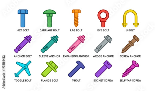 Collection of various bolts and anchors in different colors and types