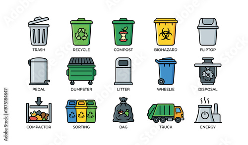 Waste management icons for recycling, composting, and disposal solutions
