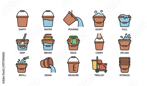 Icons of cleaning buckets in various states and uses
