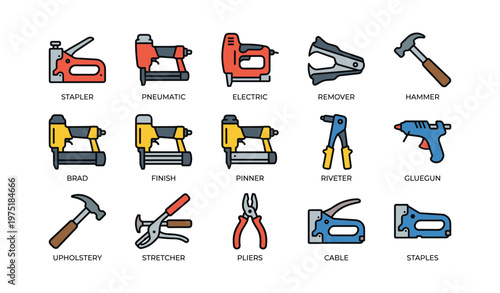 Diverse hand tools icons: stapler, hammer, glue gun, pliers, riveter, cable tool set