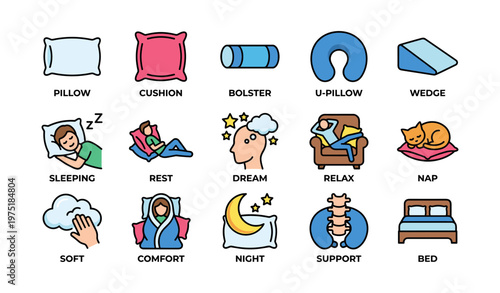 Illustrated icons of sleep and relaxation items including pillow and bed