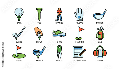 Golf equipment icons set featuring clubs, balls, tees, and accessories