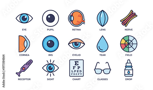 Detailed eye anatomy icons: eye, pupil, retina, lens, cornea, nerve, iris, eyelid, tear, field