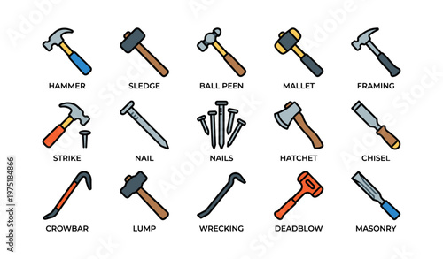 Variety of hand tools: hammer, sledge, ball peen, mallet, framing, strike, nail, hatchet, chisel