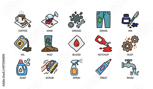 Various stains and cleaning products icons on white background