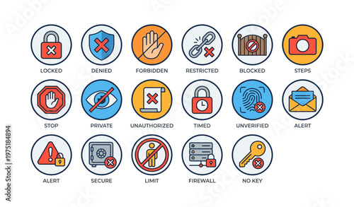 Set of security icons featuring locked, denied, forbidden, unauthorized, and secure elements
